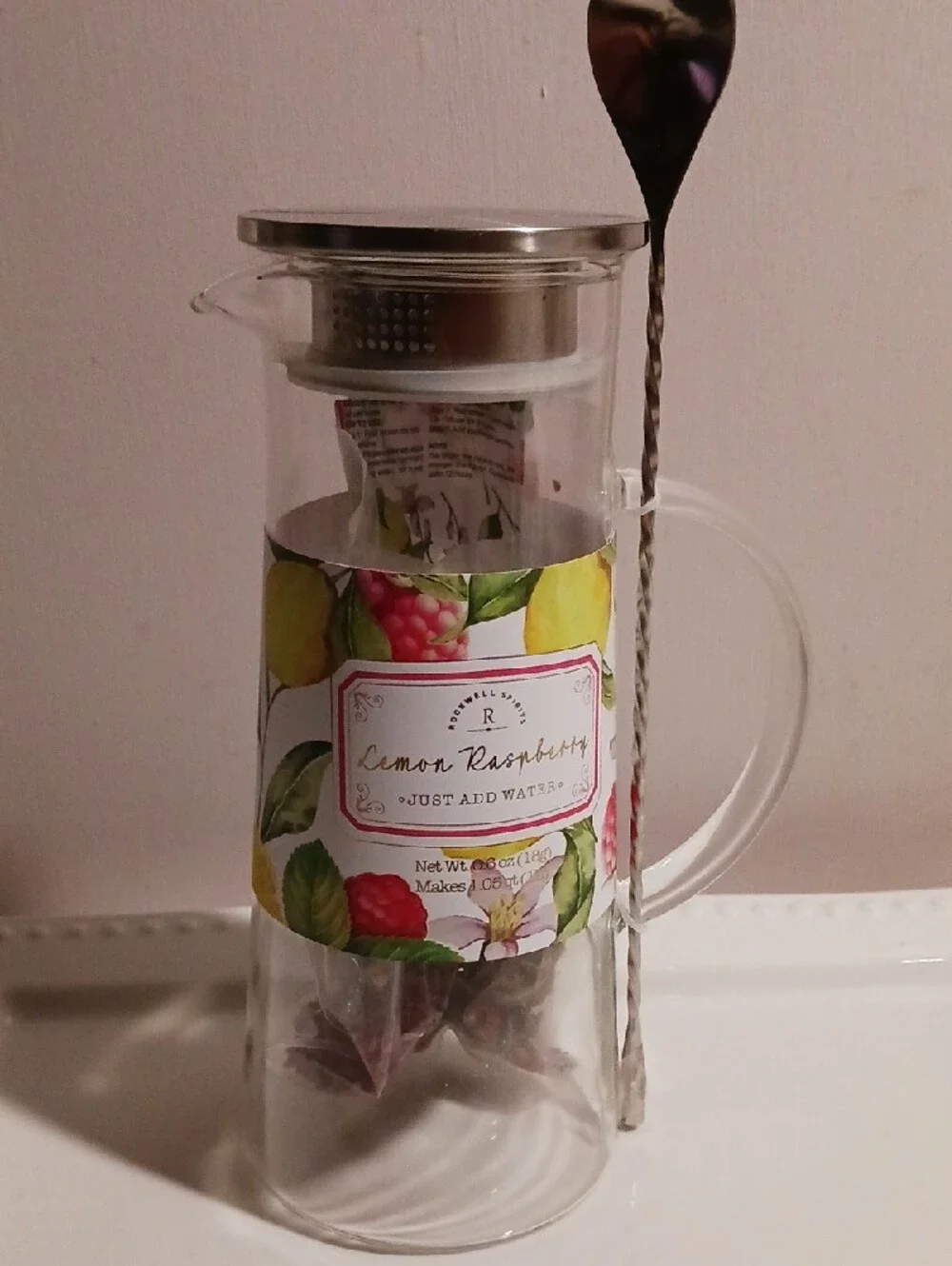 Glass Lemon Raspberry Infuser Pitcher with Stainless Lid and Stirring Spoon 🍋🍊